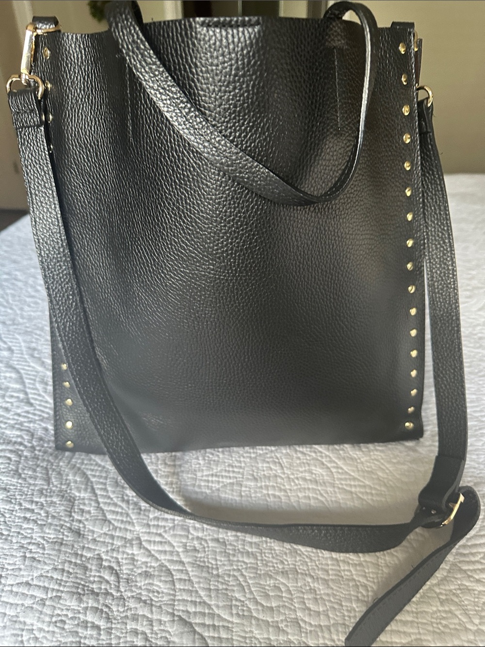 Italian Leather Black Shoulder Bag with Gold Accents with removable strap